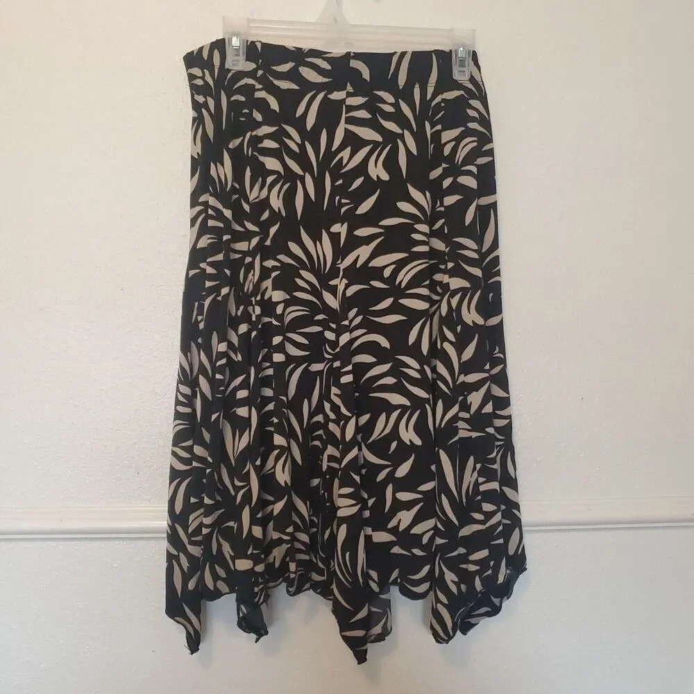 Chicos 3 Midi Skirt Leaves All Over Womens XL Black Assymetric Edges Chico's XL